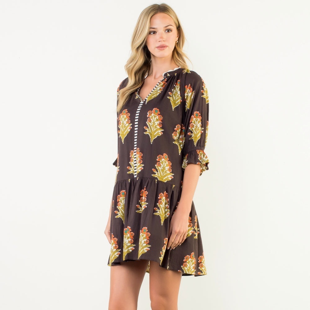 THML Evereve Dress Womens Small Indian Cotton Brown Block Print Shift Mini - Picture 7 of 8